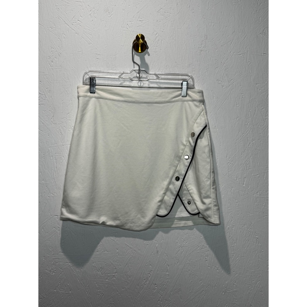 h:ours Milla Skirt Ivory White Black Piping Snap Button Wrap Mini Skirt Large - Picture 3 of 5